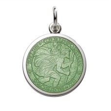 Sterling Silver Small (1/2") Round St. Christopher's Medal Charm With Light Green Enamel