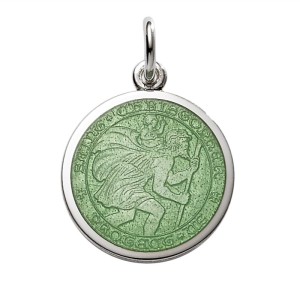 Sterling Silver Small (1/2") Round St. Christopher's Medal Charm With Light Green Enamel