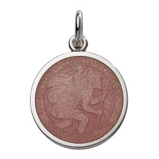 Sterling Silver Small (1/2") Round St. Christopher's Medal Charm With Light Pink Enamel