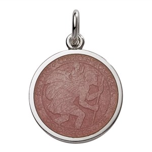 Sterling Silver Small (1/2") Round St. Christopher's Medal Charm With Light Pink Enamel