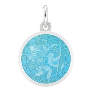Sterling Silver Medium (3/4") Round St. Christopher's Medal Charm With Light Blue/teal Enamel
