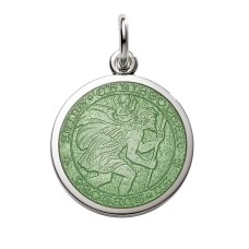 Sterling Silver Medium (3/4") Round St. Christopher's Medal Charm With Light Green Enamel