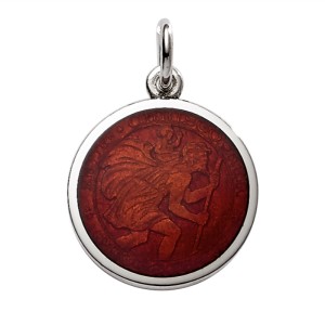 Sterling Silver Medium (3/4") Round St. Christopher's Medal Charm With Deep Red Enamel