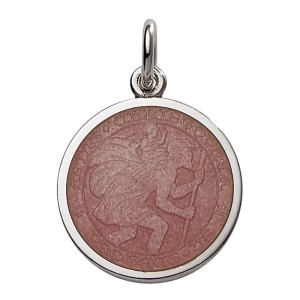 Sterling Silver Medium (3/4") Round St. Christopher's Medal Charm With Pink Enamel