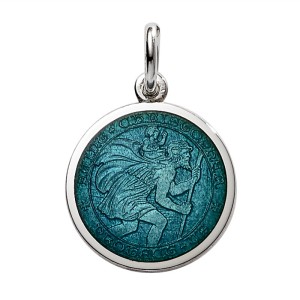 Sterling Silver Medium (3/4") Round St. Christopher's Medal Charm With Dark Aqua Enamel