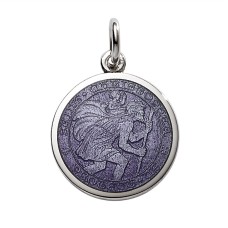Sterling Silver Small (1/2") Round St. Christopher's Medal Charm With Purple Enamel