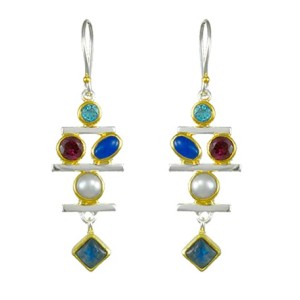 Michou Sterling Silver And 22kt Vermeil Multi-color Gemstone "ladder" Dangle Earrings