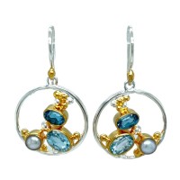 Michou Sterling Silver And 22kt Vermeil Blue Topaz And Pearl Dangle Earrings