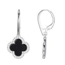 Charles Garnier Sterling Silver Black Agate And CZ Clover Earrings