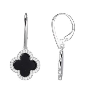 Charles Garnier Sterling Silver Black Agate And CZ Clover Earrings