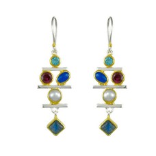 Michou Sterling Silver And 22kt Vermeil Multi-color Gemstone "ladder" Dangle Earrings