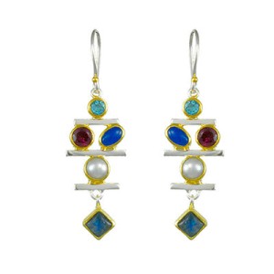 Michou Sterling Silver And 22kt Vermeil Multi-color Gemstone "ladder" Dangle Earrings