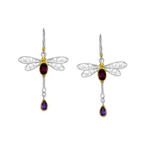 Michou Sterling Silver And 22kt Vermeil Amethyst And Garnet Dragonfly Dangle Earrings
