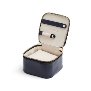 WOLF "Maria" Navy Leather Zippered Travel Jewelry Cube