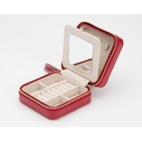 WOLF "Caroline" Red Leather Zippered Square Travel Jewelry Case