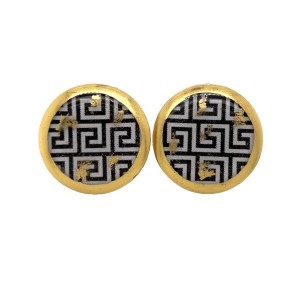 Evocateur "Greek Key" 22kt Gold Leaf Button Earrings