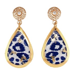 Evocateur "Navy Leopard" 22kt Gold Leaf And White Topaz Small Teardrop Dangle Earrings