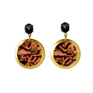 Evocateur "Tiger Flow" 22kt Gold Leaf And Black Onyx 1" Disc Dangle Earrings