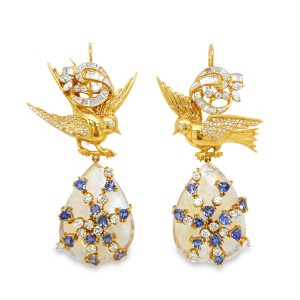 Estate Cynthia Rose 18kt Yellow Gold Moonstone, Tanzanite, And Diamond Swallow Earrings