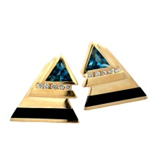 Estate Kabana 14kt Yellow Gold Blue Topaz, Diamond, And Onyx Inlay Earrings