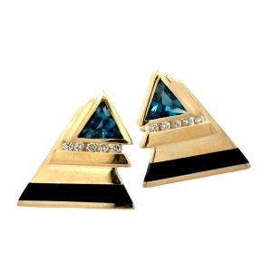 Estate Kabana 14kt Yellow Gold Blue Topaz, Diamond, And Onyx Inlay Earrings