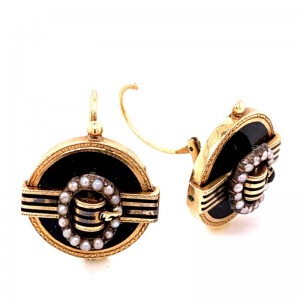 Estate 14kt Yellow Gold Victorian Onyx, Enamel, And Seed Pearl Lever Back Earrings