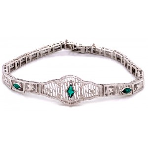 Estate Art Deco 10kt White Gold Emerald And Diamond Filigree Bracele