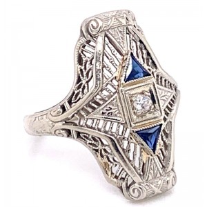 Estate 18kt White Gold Filigree Sapphire And Diamond Ring