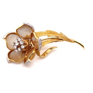Estate 18kt Yellow Gold French Articulating Diamond Flower Brooch