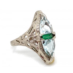 Estate 14kt White Gold Aquamarine And Emerald North/ South Ring