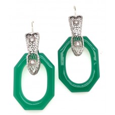 Estate 14kt White Gold Filigree Dyed Green Onyx And Diamond Dangle Earrings