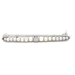Estate Edwardian Platinum Pearl And Diamond Bar Brooch By JE Caldwell & Co.