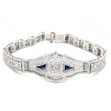 Estate Late Deco 10kt White Gold Filigree Diamond And Sapphire Bracelet