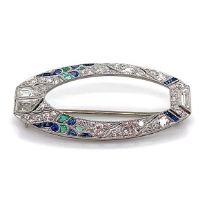 Estate Art Deco Platinum Diamond, Emerald, And Sapphire Brooch