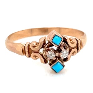 Estate Victorian 10kt Rosy Yellow Gold Turquoise And Diamond Ring