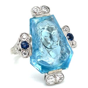 Estate Deco Revival 18kt White Gold Carved Aquamarine, Sapphire, And Diamond Ring