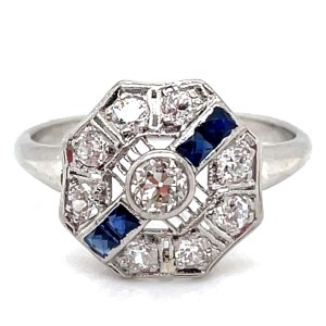 Estate Art Deco 18kt White Gold Diamond And Sapphire Ring