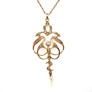 Estate Edwardian 14kt Yellow Gold Seed Pearl And Diamond Pendant