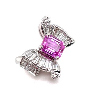 Estate Retro Platinum Pink Sapphire And Diamond Bypass Ring