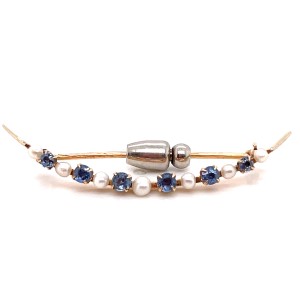 Estate Victorian 14kt Yellow Gold Sapphire And Seed Pearl Crescent Brooch