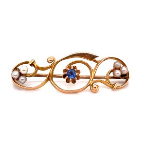 Estate Victorian 14kt Yellow Gold Sapphire And Pearl Brooch