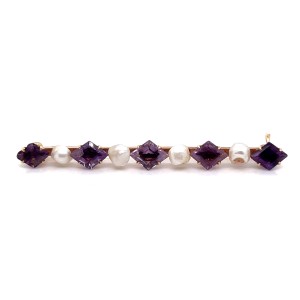 Estate Victorian 14kt Yellow Gold Amethyst And Seed Pearl Bar Brooch