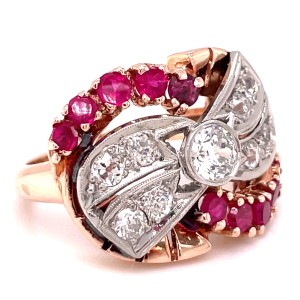 Estate Retro 14kt Rose Gold And Platinum Ruby And Diamond Ring