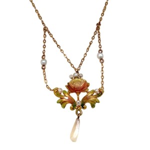 Estate Victorian 10kt Yellow Gold Enamel And Seed Pearl Necklace