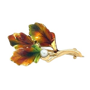 Estate Mid-Century 14kt Yellow Gold Enamel Oak Leaf Pin By Hammerman & Bro.