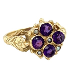 Estate Victorian 9kt Yellow Gold Amethyst And Seed Pearl Ring