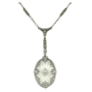 Estate Art Deco 14kt White Gold Filigree Rock Crystal And Diamond Necklace