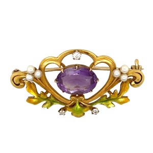 Estate Art Nouveau 14kt Yellow Gold Amethyst Enameled Brooch Signed Krementz