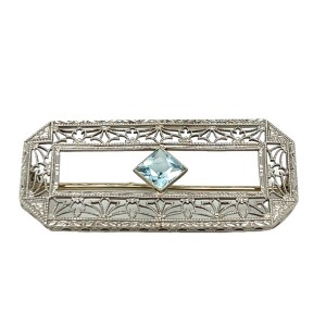 Estate Edwardian 14kt White Gold Aquamarine Bar Brooch