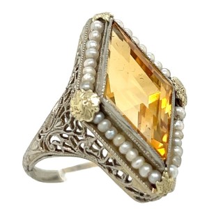 Estate Edwardian Revival 14kt White Gold Citrine And Seed Pearl Ring
